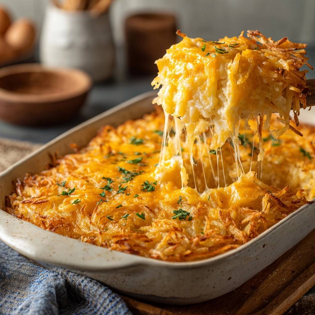 Cheesy shredded potato casserole showing a generous cheese pull as a serving is lifted from the dish.