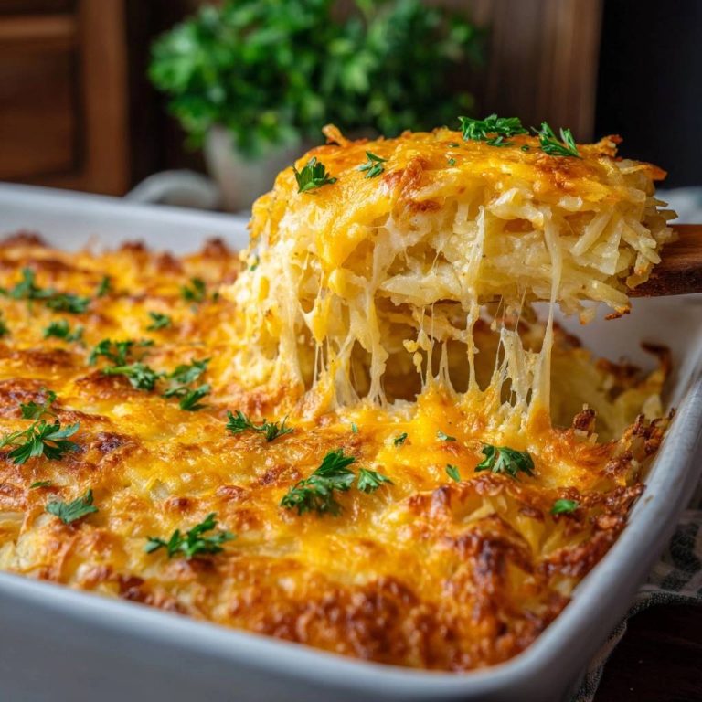 Cheesy shredded potato casserole being served, with strings of melted cheese stretching from the dish.