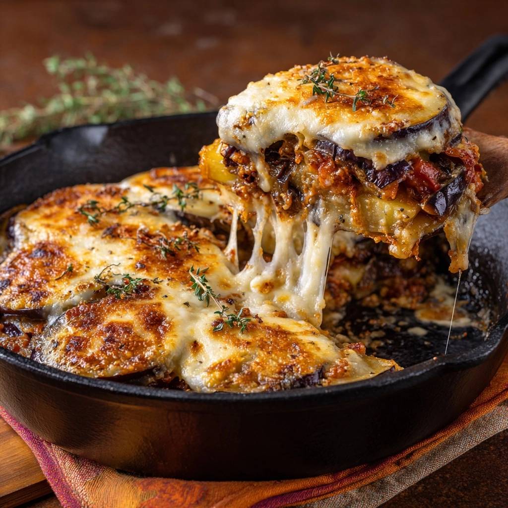 Cheesy skillet eggplant moussaka with a generous serving being lifted, showing strings of melted cheese.