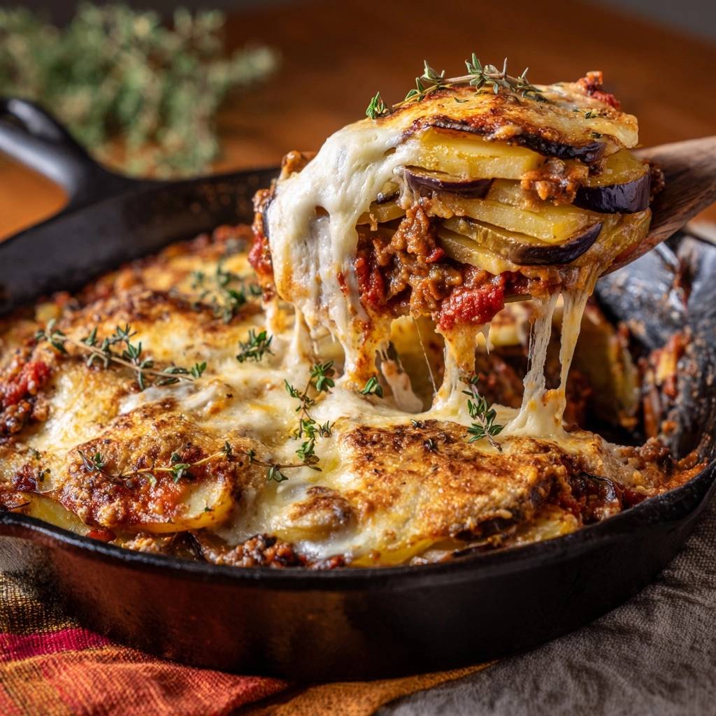 Cheesy Skillet Eggplant Moussaka being served, showcasing a pull of melted cheese and layered ingredients.