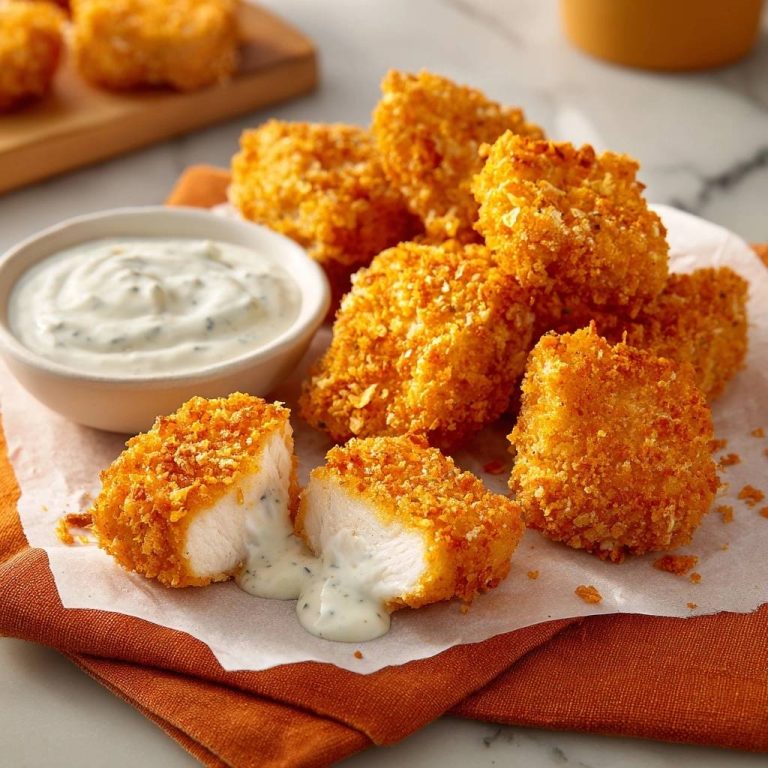 Cheez-It crusted chicken nuggets shown in a close-up cross-section with creamy dipping sauce oozing out.
