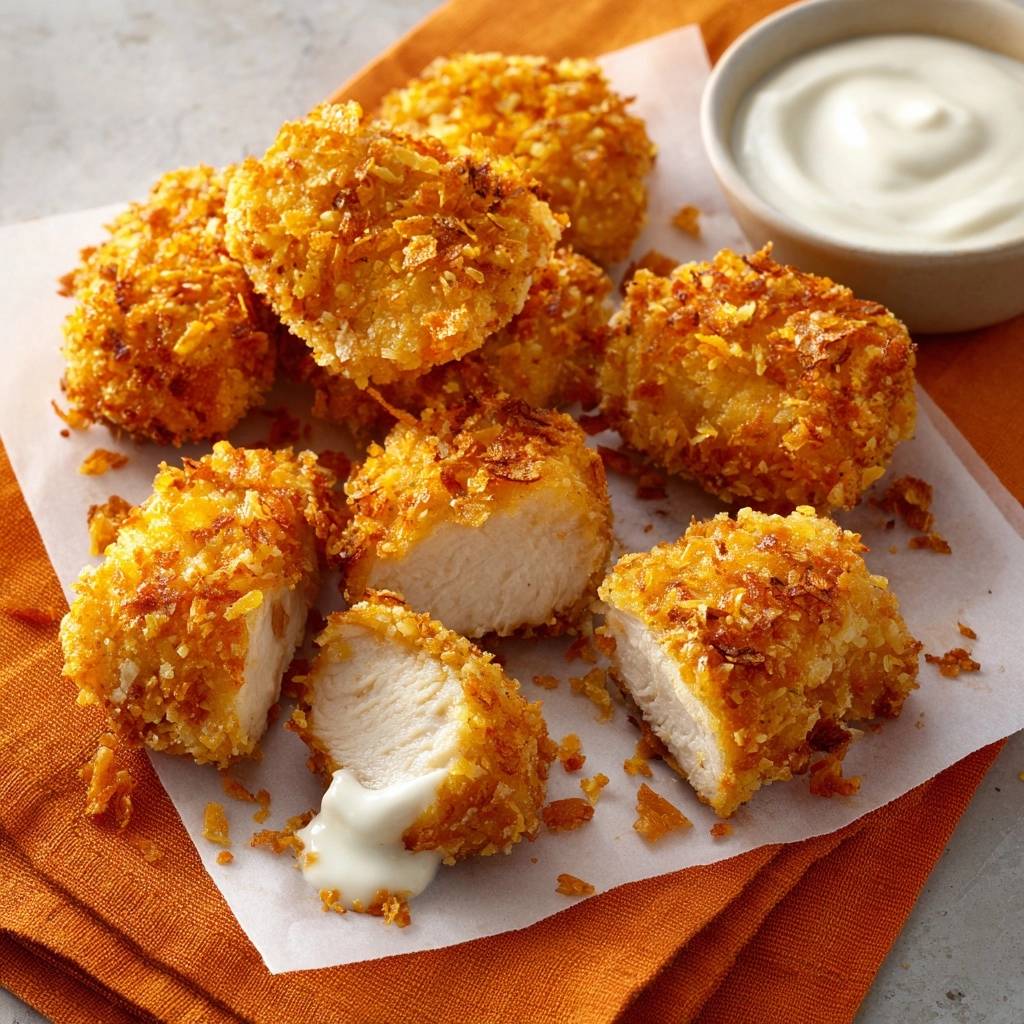 Cheez-It crusted chicken nuggets cross-section showing the juicy interior and dipping sauce.