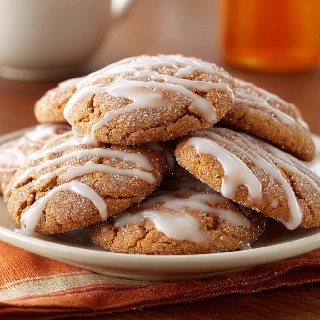Chewy iced gingersnaps close-up shot featuring a drizzle of white icing and sugar crystals.