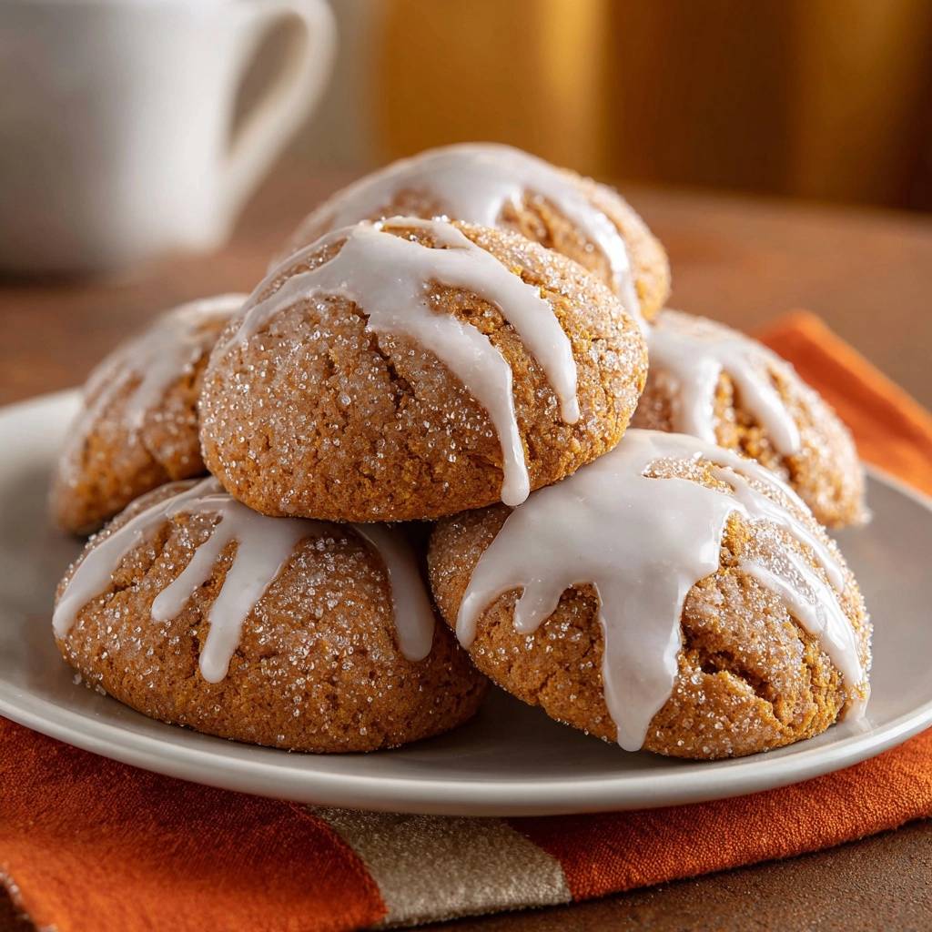 Chewy iced gingersnaps recipe with a sweet white icing drizzled over the tops, presented on a plate.