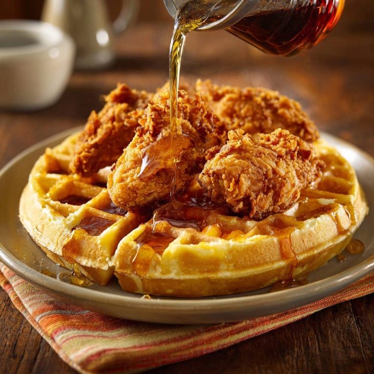 Chicken and waffles with syrup being poured over the top, showcasing the golden-brown fried chicken.