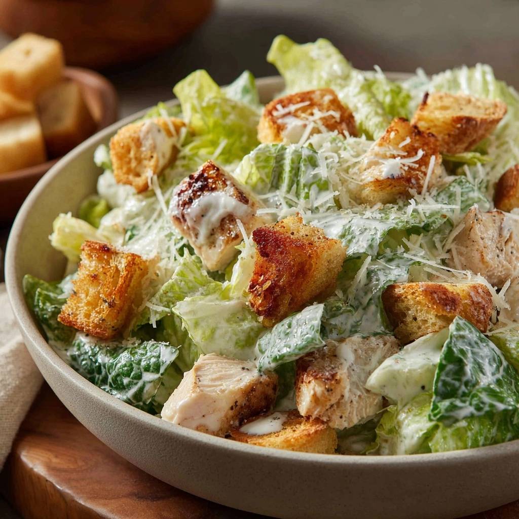 Chicken Caesar Salad with juicy seared chicken and croutons, shown in a close-up view in a bowl.