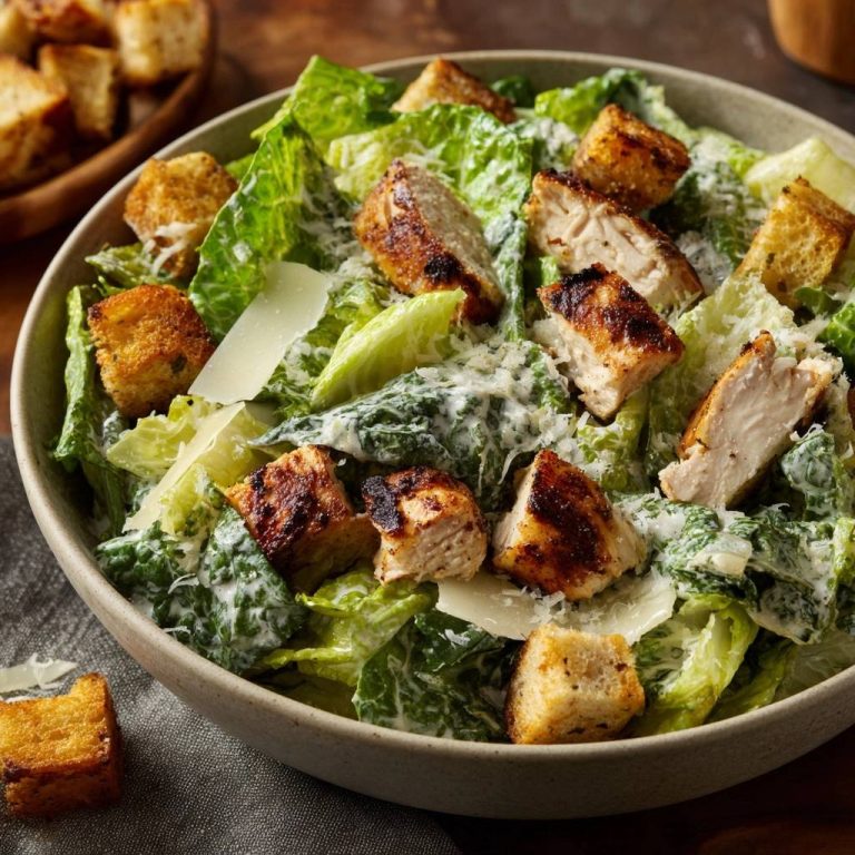 Chicken Caesar Salad with juicy seared chicken and croutons, presented in a close-up view within a bowl.
