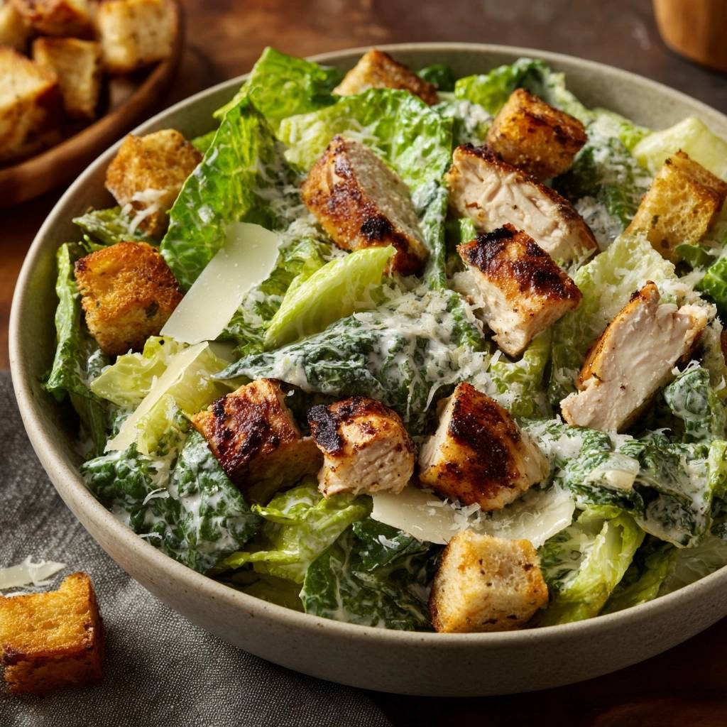 Chicken Caesar Salad with juicy seared chicken and croutons, presented in a close-up view within a bowl.