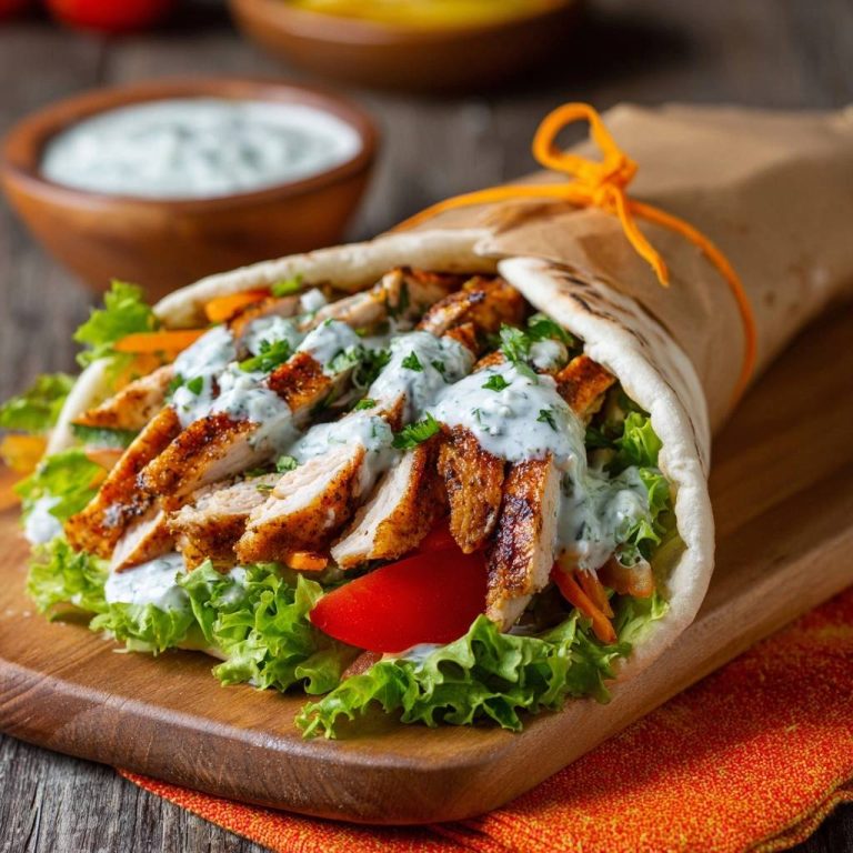 Juicy chicken gyro wraps drizzled with creamy sauce and fresh herbs, served on a wooden board.
