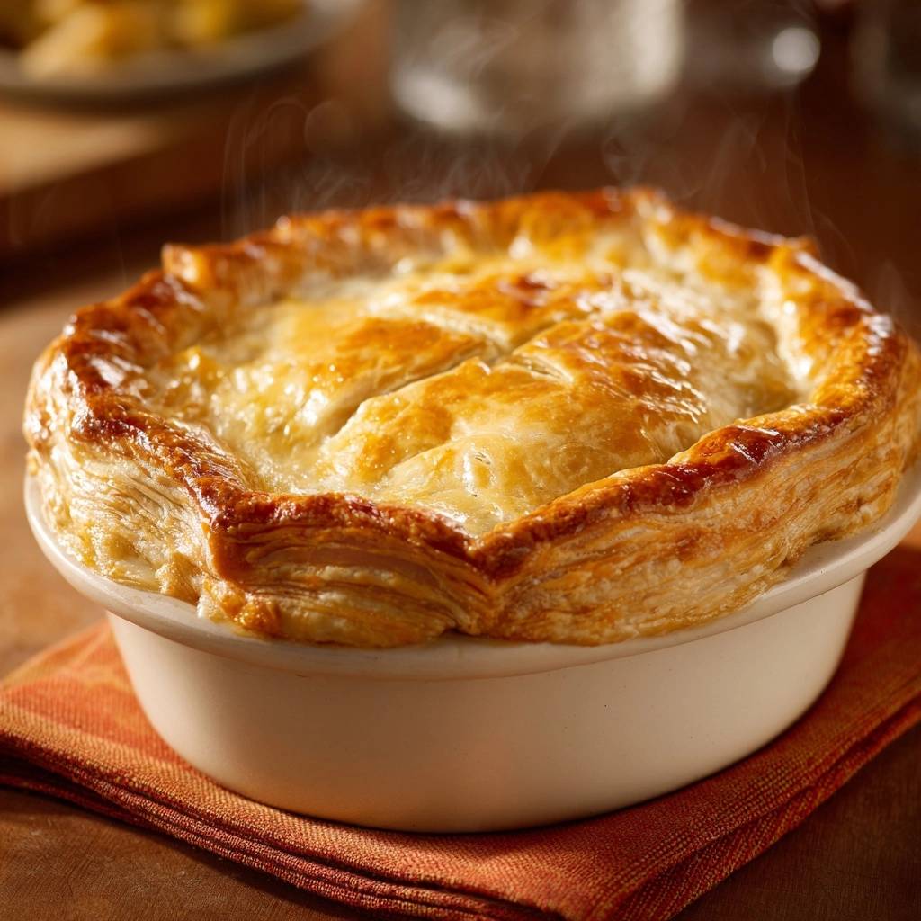 Individual chicken pot pie with a golden, flaky crust, showing steam rising from the freshly baked dish.