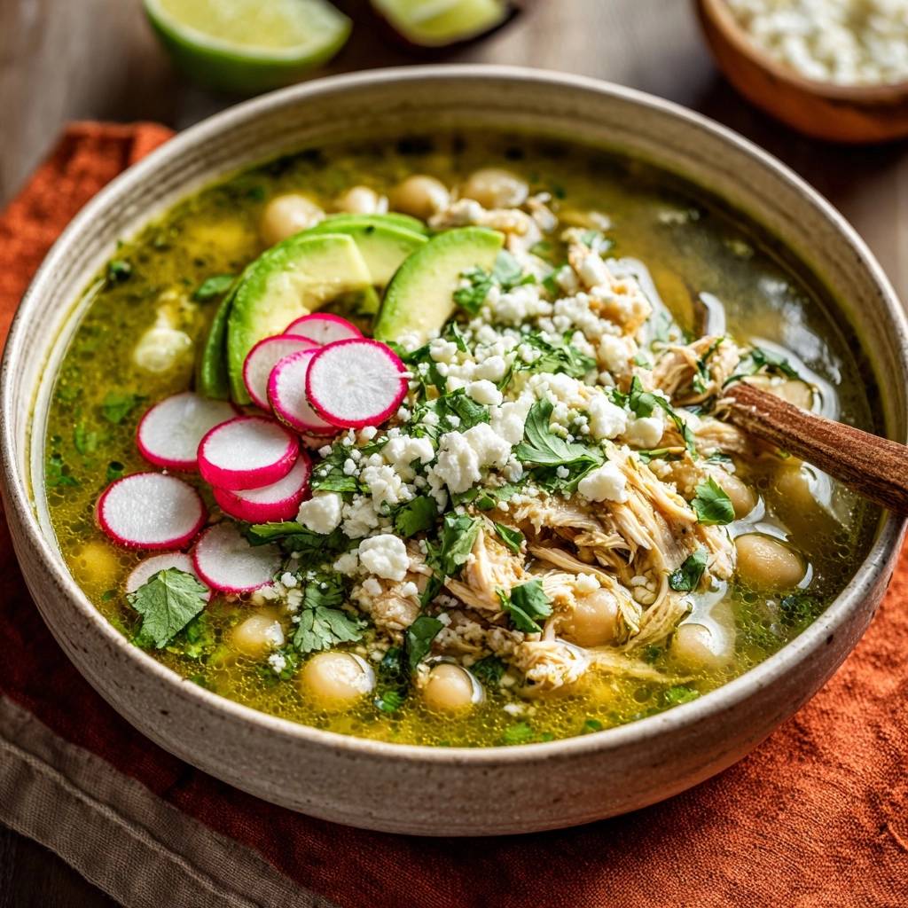 Zesty Chicken Pozole Verde close-up, showcasing garnishes of avocado, radishes, crumbled cheese, and cilantro.