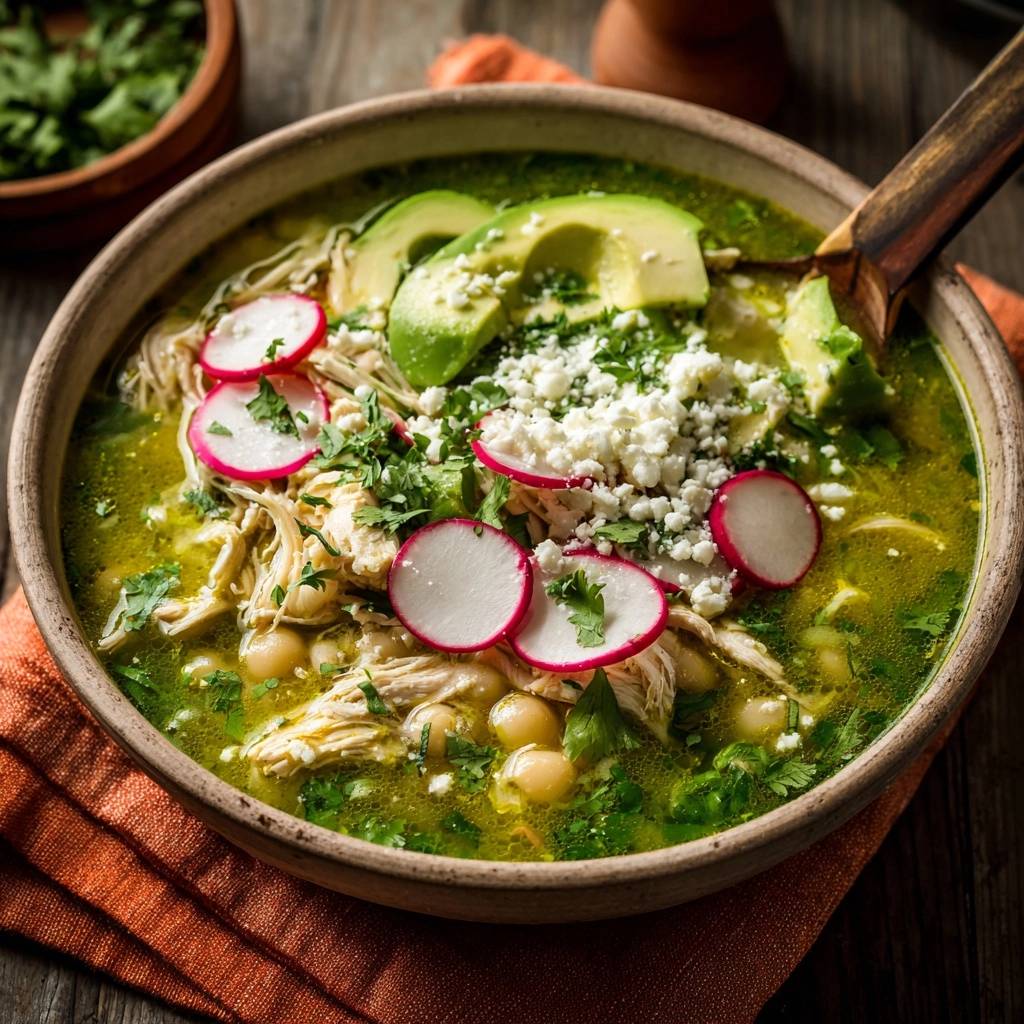 Zesty Chicken Pozole Verde served in a rustic bowl, generously garnished with radishes, avocado, and cheese.