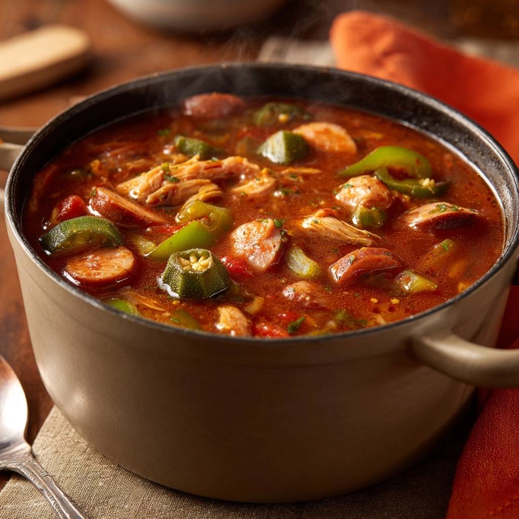 Chicken sausage okra gumbo steaming in a pot, showing chunks of chicken, sausage, okra, and green peppers.