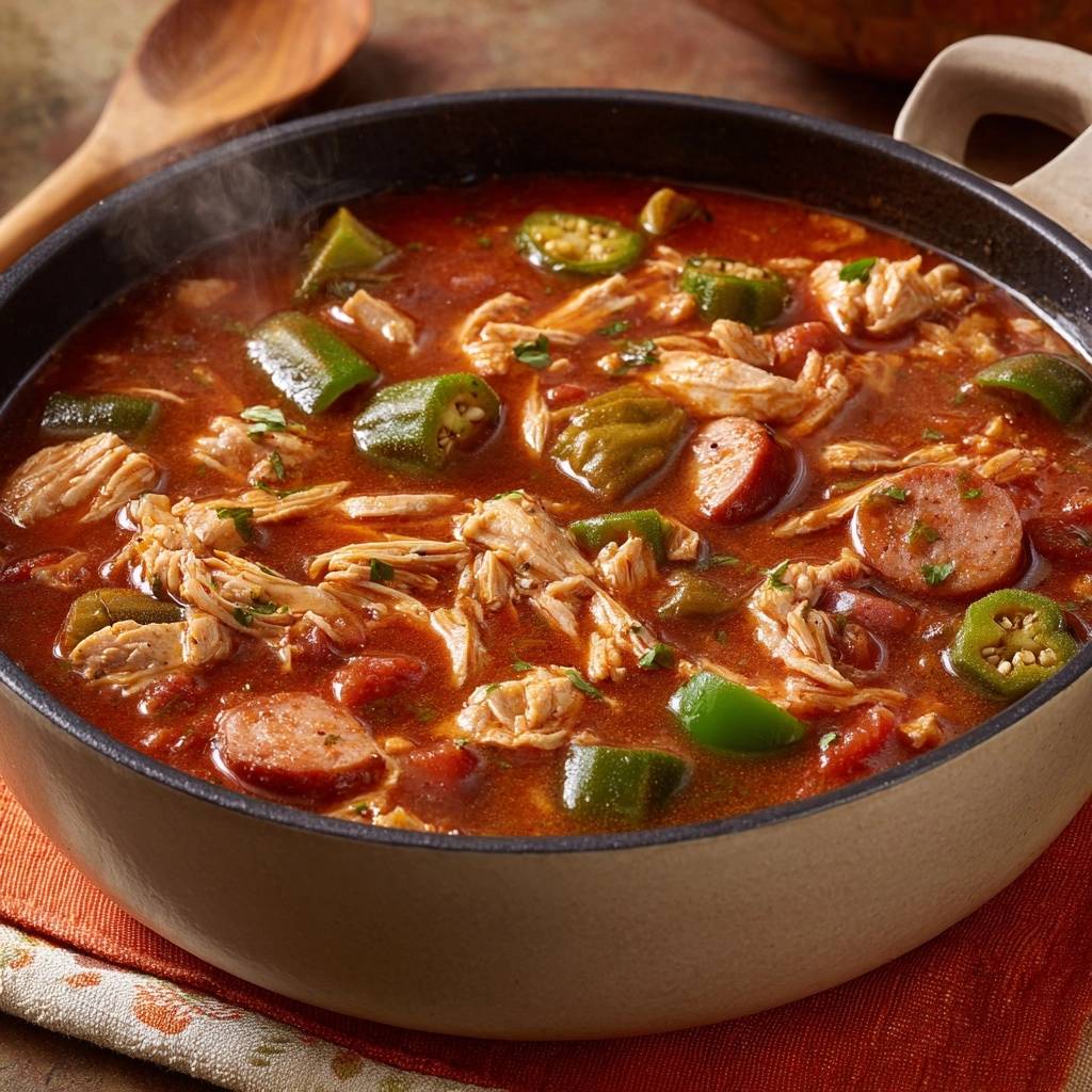 Chicken sausage okra gumbo steaming in a cast iron pot, featuring shredded chicken, sliced okra, and sausage.