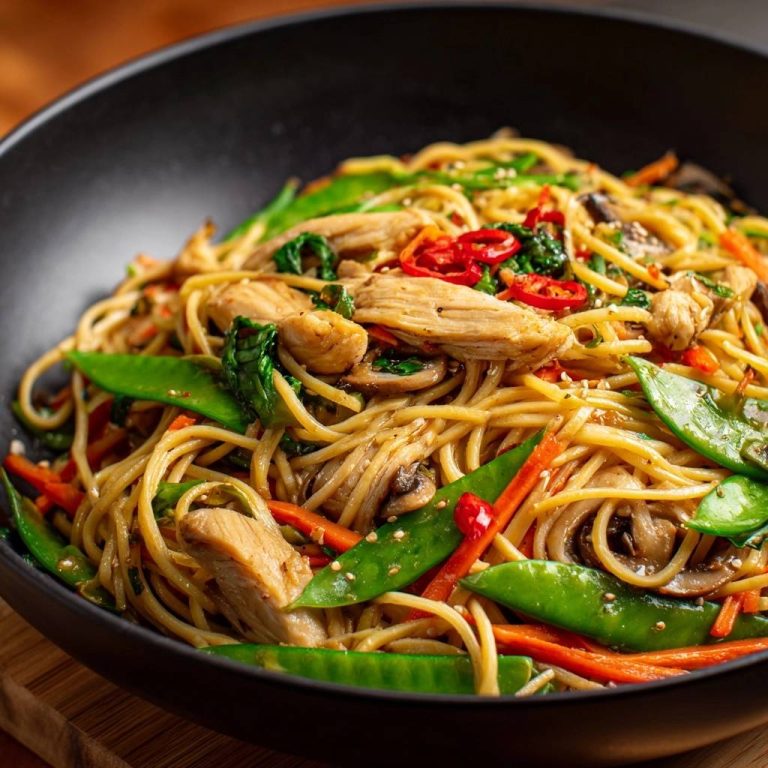 Chicken and vegetable lo mein with snap peas, carrots, and chilies shown in a close-up view within a black wok.