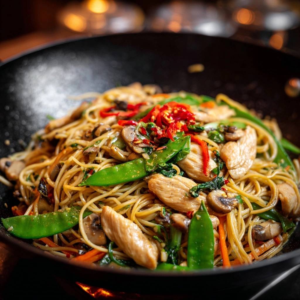 Chicken and vegetable lo mein stir-fry shown close-up in a black wok with vibrant snap peas and red chili garnish.