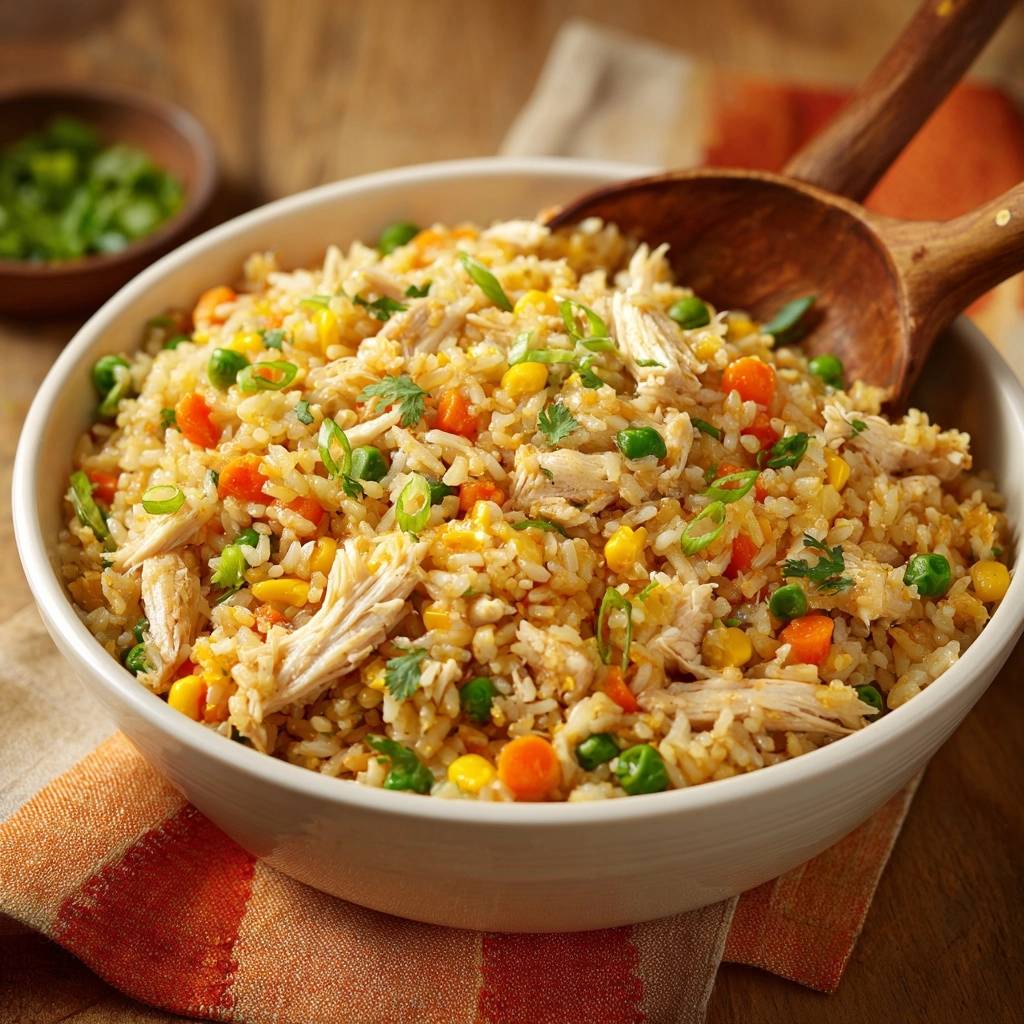 Chicken veggie fried rice in a white bowl, featuring shredded chicken, corn, peas, and carrots, with wooden spoons.