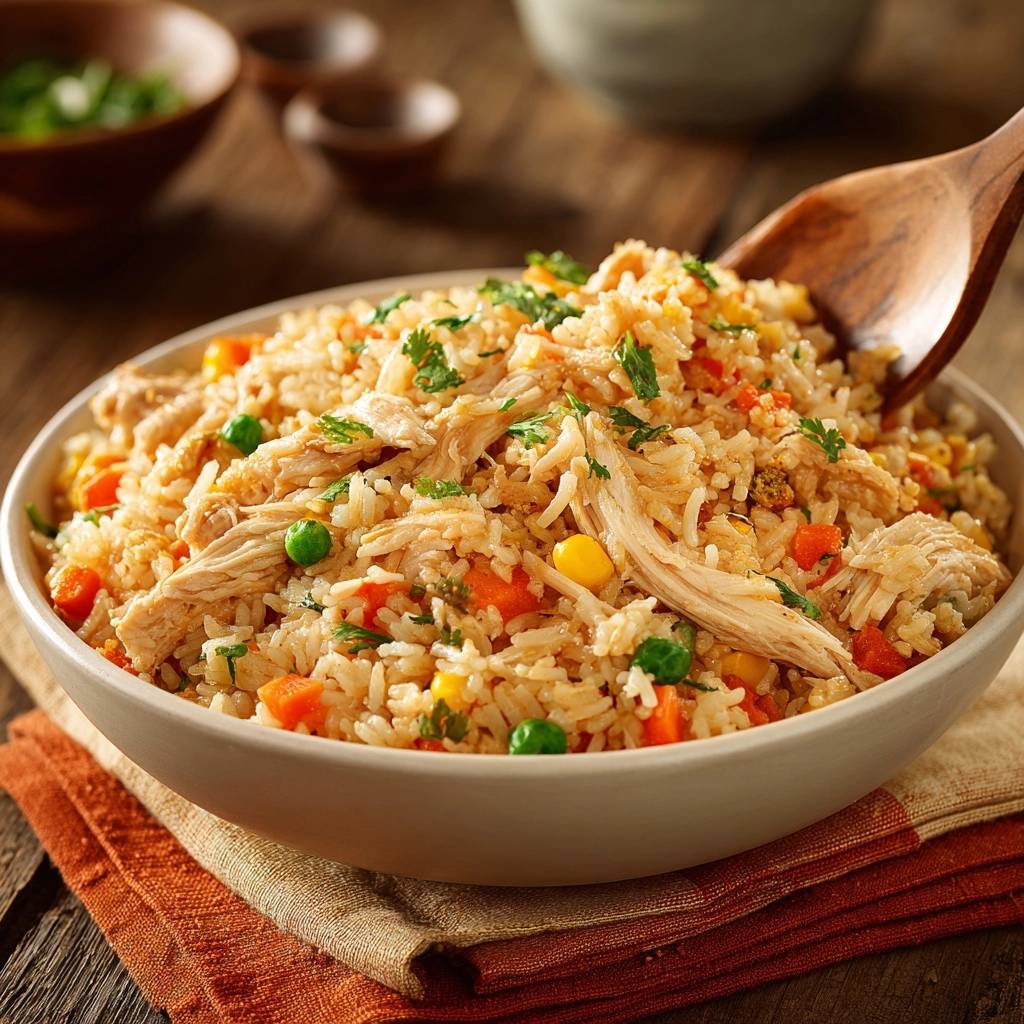 Chicken veggie fried rice with a wooden spoon scooping a generous portion, showcasing fluffy grains and colorful vegetables.