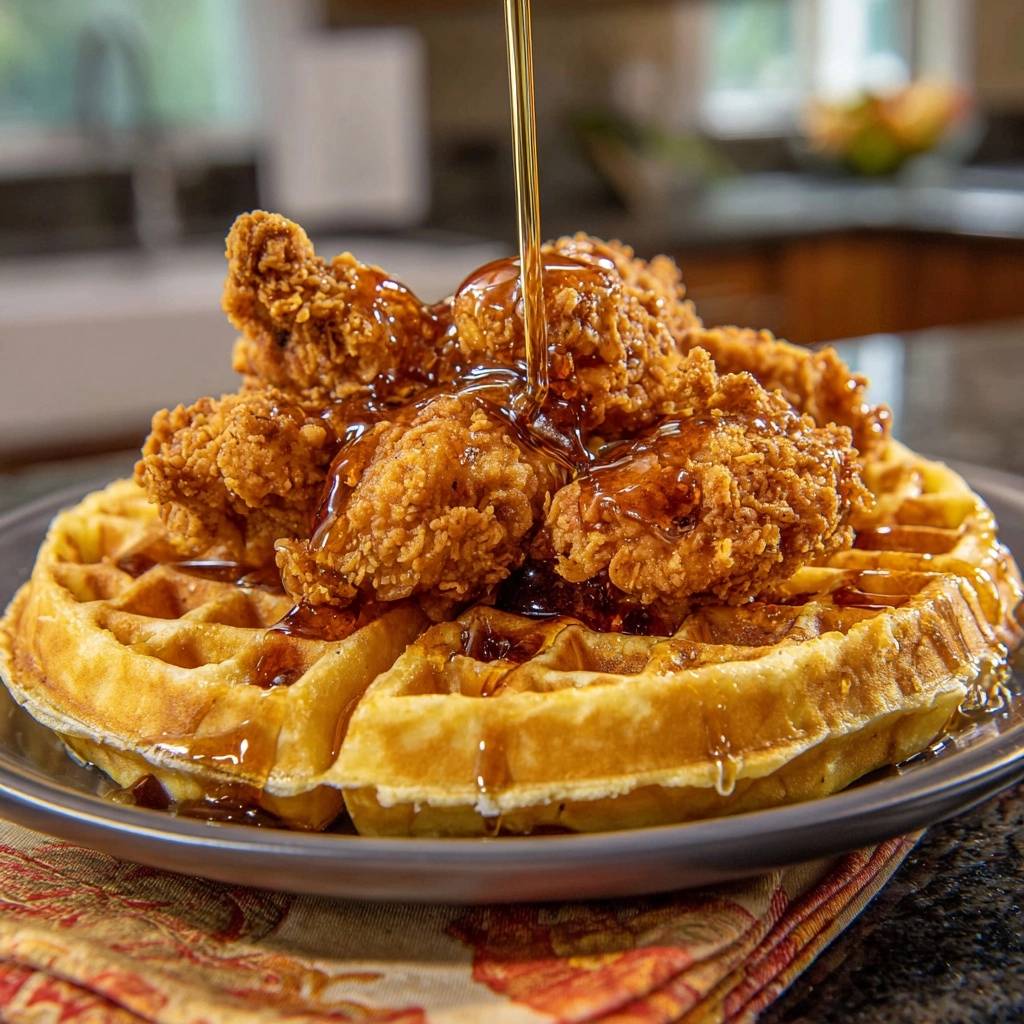 Chicken and waffles with syrup being drizzled over the golden fried chicken and waffle grid.