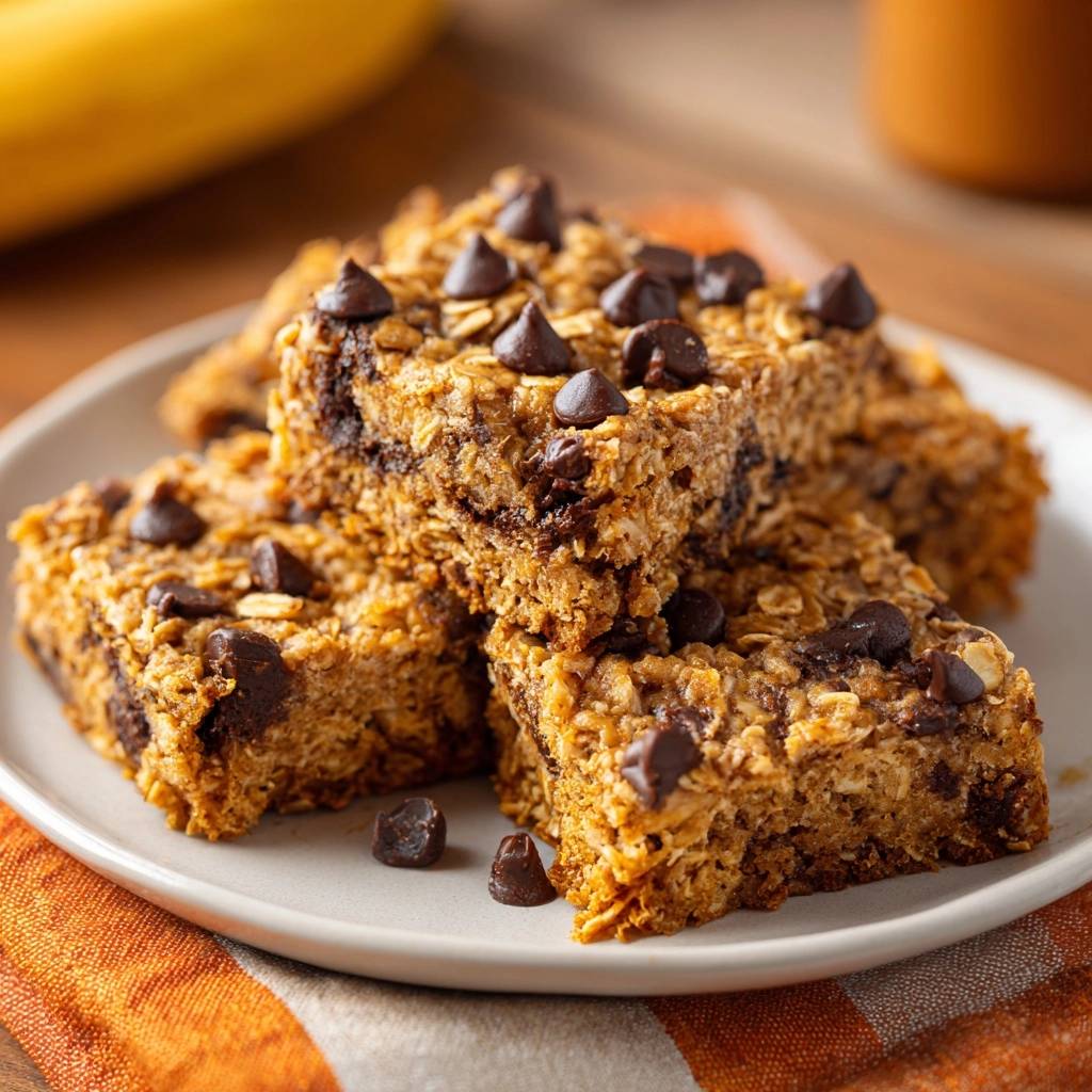 Chocolate chip banana oat bars stacked closely on a plate, showcasing their textured surface and embedded chocolate chips.