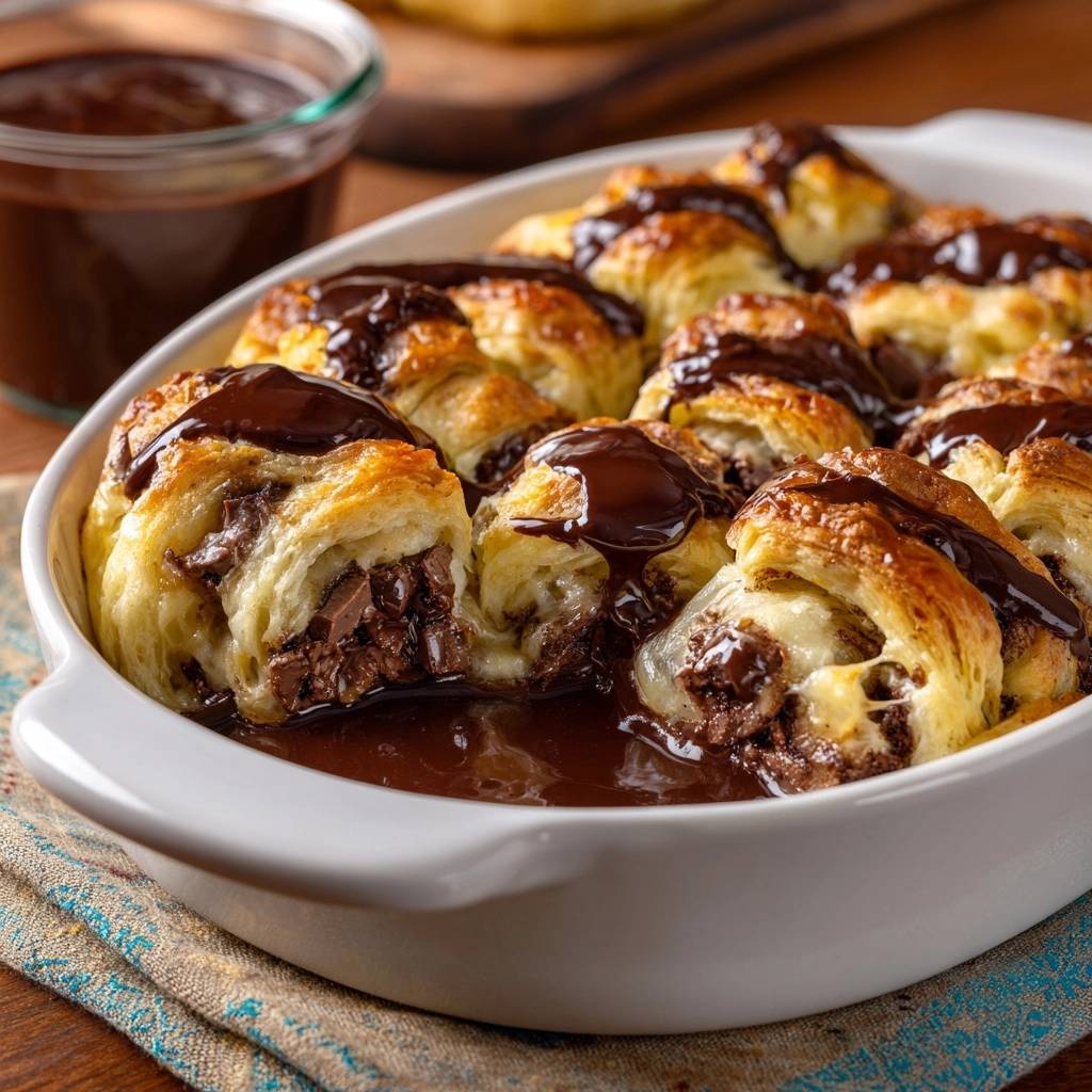 Chocolate croissant bread pudding cross-section showing gooey melted chocolate inside flaky pastry, drizzled with rich chocolate sauce.