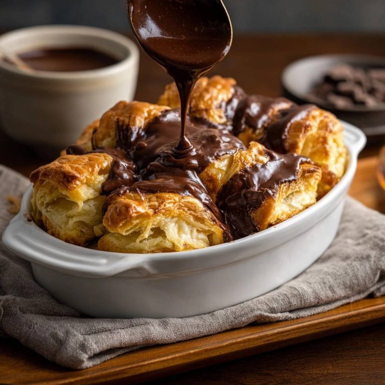 Chocolate croissant bread pudding with rich chocolate glaze being poured from a spoon, a decadent dessert.