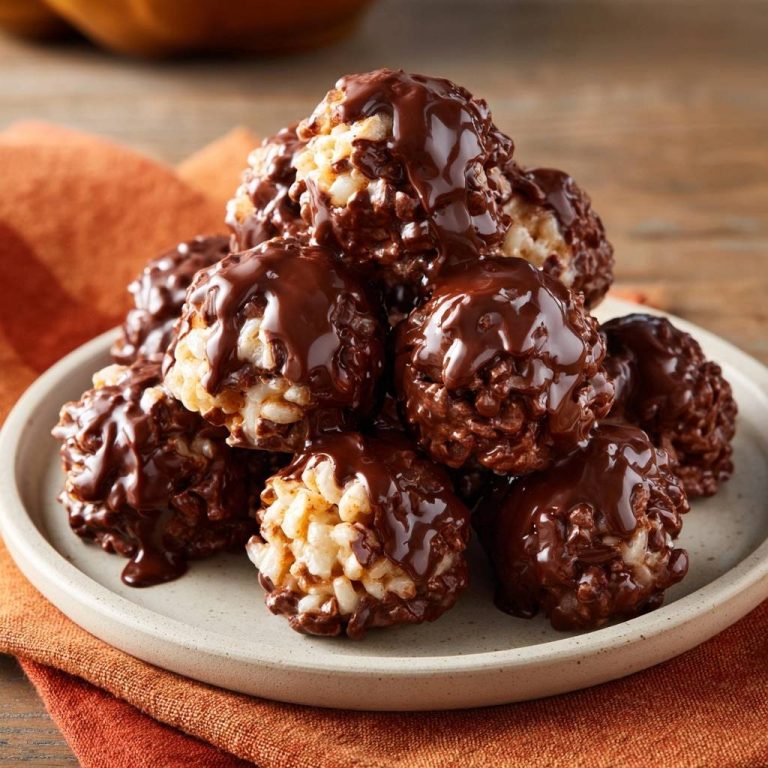 Chocolate-dipped crispy rice bites piled high, showcasing a rich chocolate drizzle on a light-colored plate.