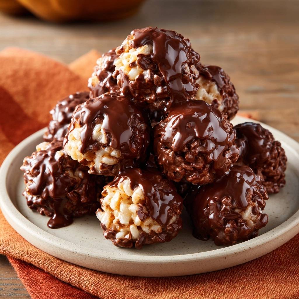 Chocolate-dipped crispy rice bites piled high, showcasing a rich chocolate drizzle on a light-colored plate.