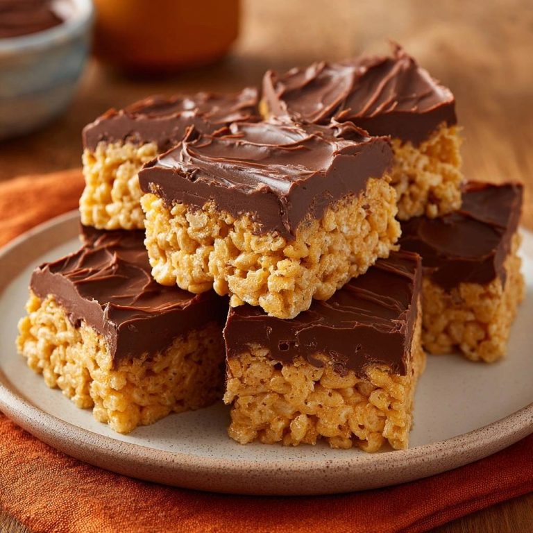 Soft chocolate topped peanut butter crispy bars stacked on a plate, showcasing their layered texture.