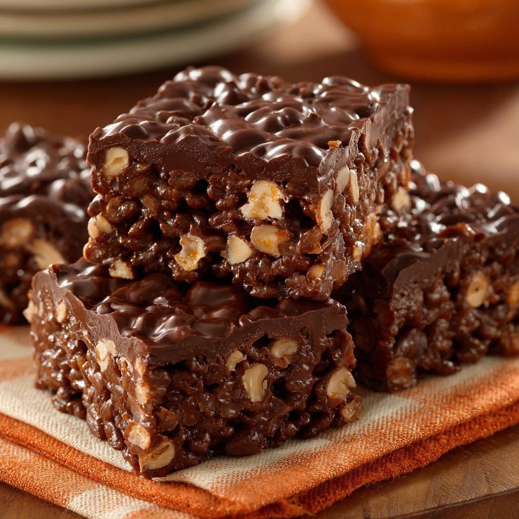 Chocolate peanut rice Krispie bars stacked, showing the rich chocolate coating and nutty interior texture.