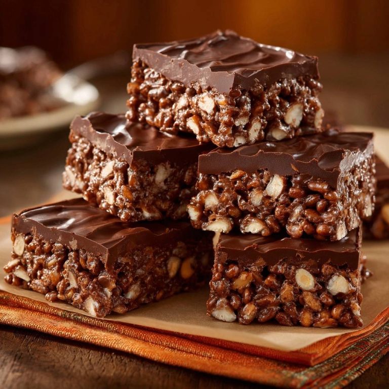 Chocolate peanut rice krispie bars stacked in a close-up view, showcasing their rich chocolate topping and textured interior.