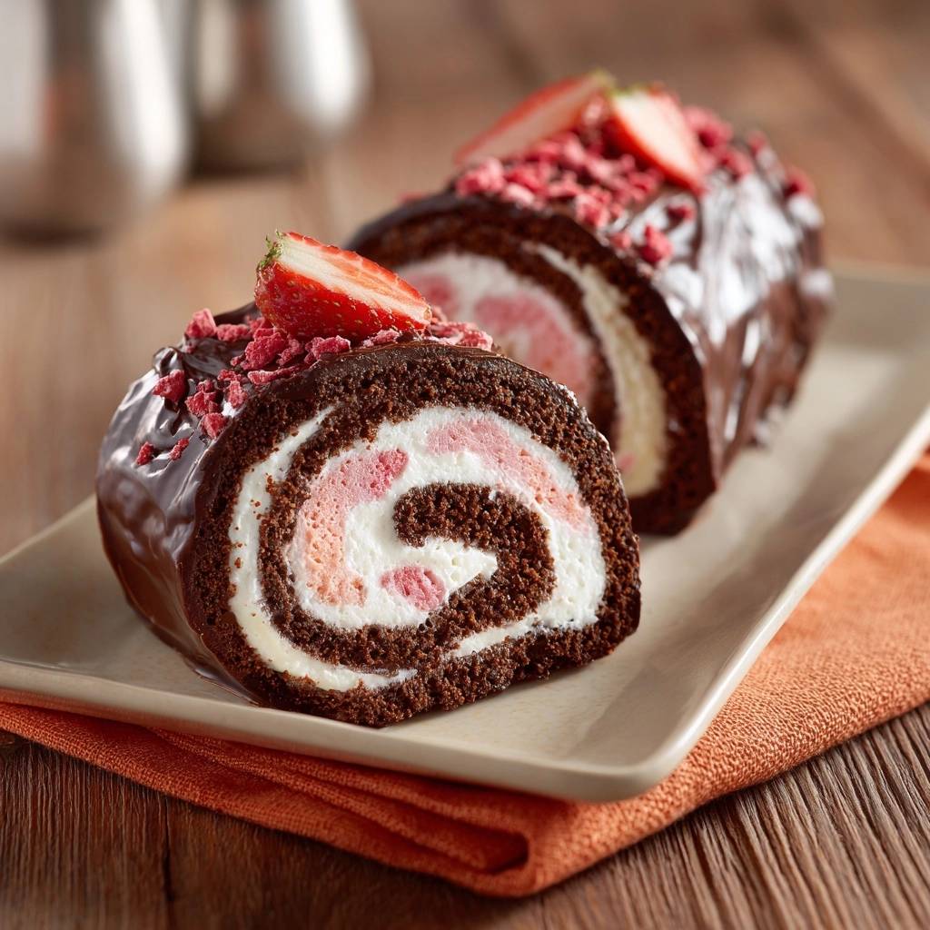 Chocolate strawberry Swiss roll showing a detailed cross-section with swirls of cream and strawberry filling.