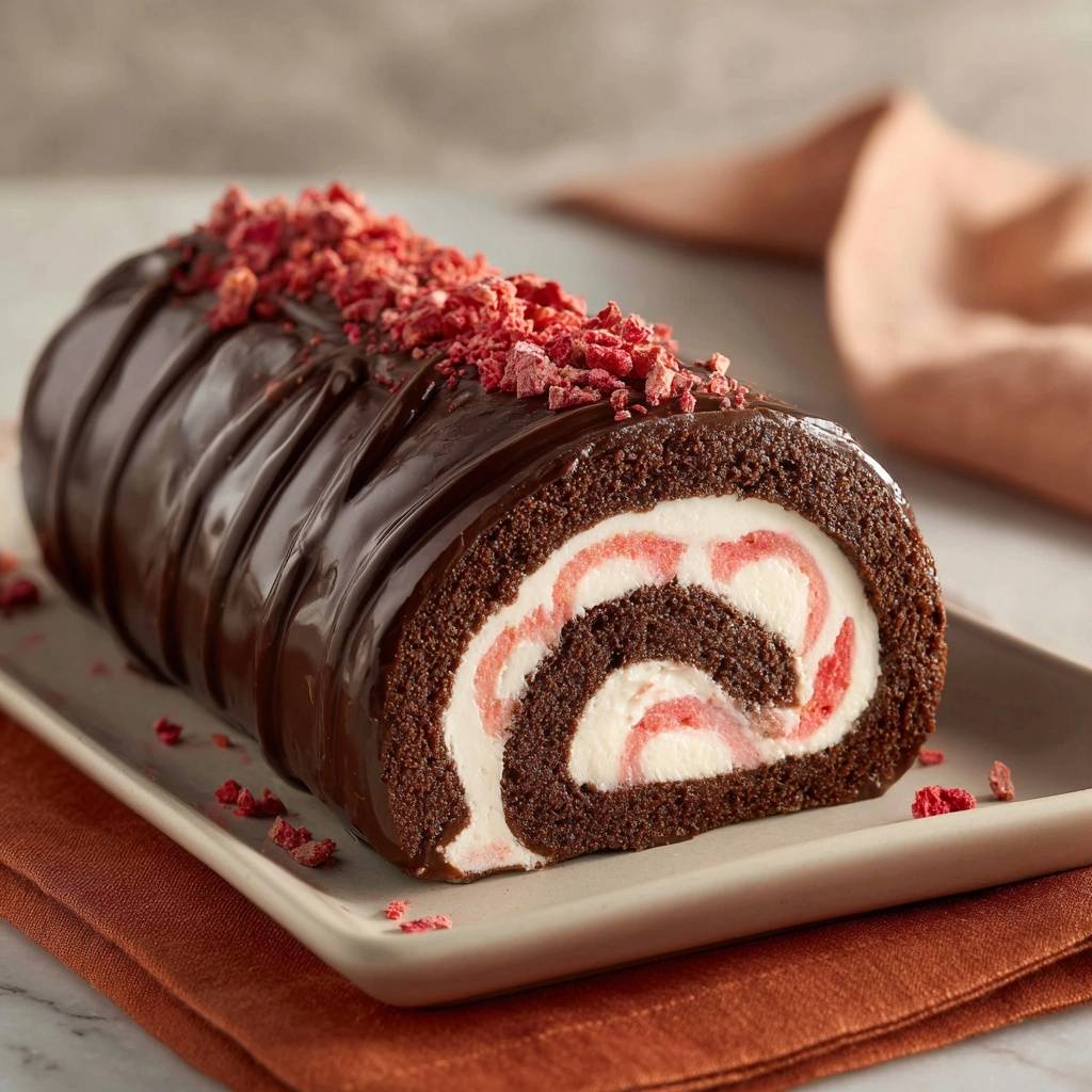 Chocolate strawberry Swiss roll, showcasing a detailed cross-section with swirls of cream and fruit.