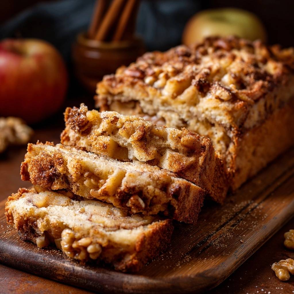 Cinnamon Apple Walnut Bread, a close-up view of the sliced loaf showing the moist interior with apples and walnuts.