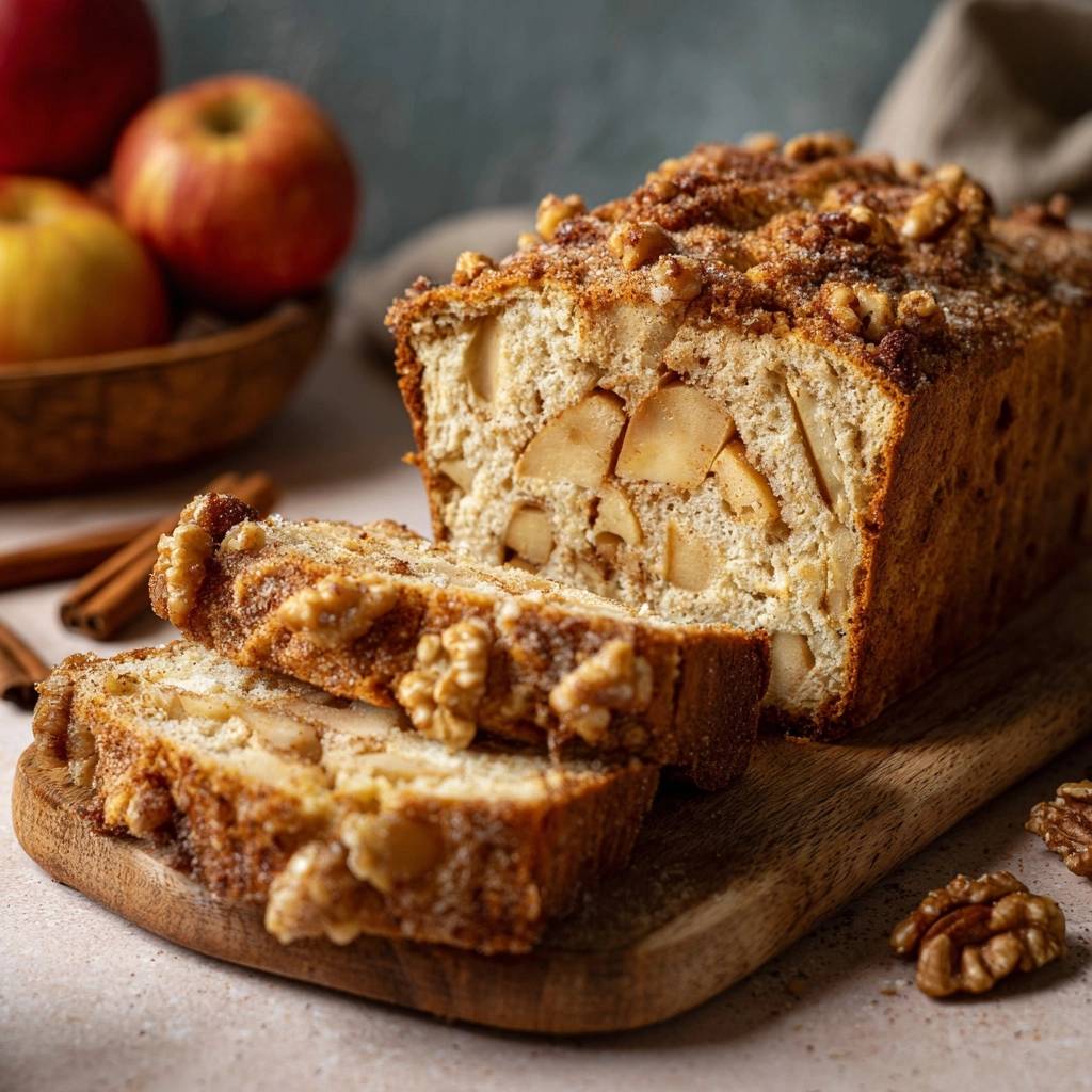 Cinnamon Apple Walnut Bread sliced to reveal a cross-section packed with tender apple chunks and crunchy walnuts.