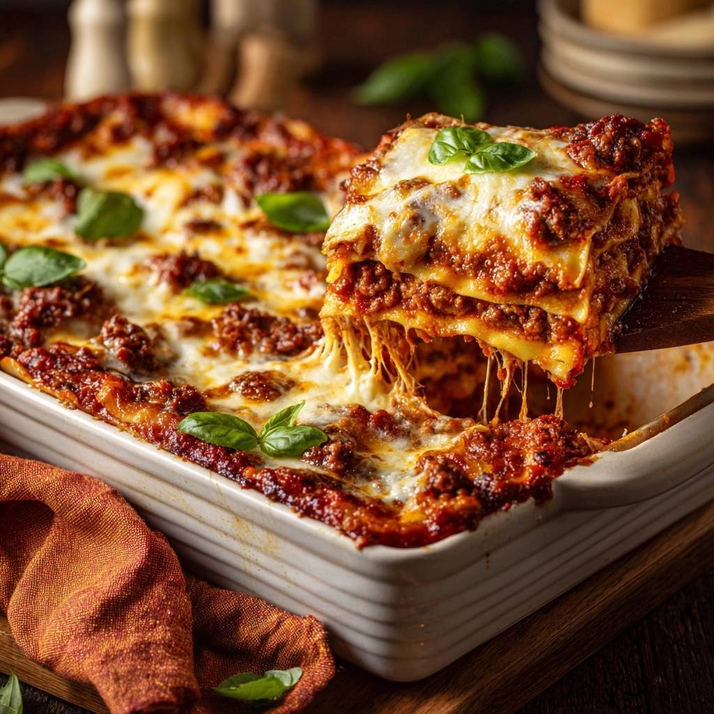 Classic beef lasagna with a cheesy slice being lifted, showing layers and melted cheese.