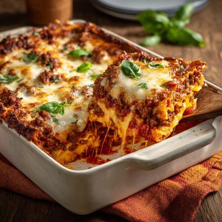Classic beef lasagna with a slice being pulled out, revealing melted cheese strands and layers.