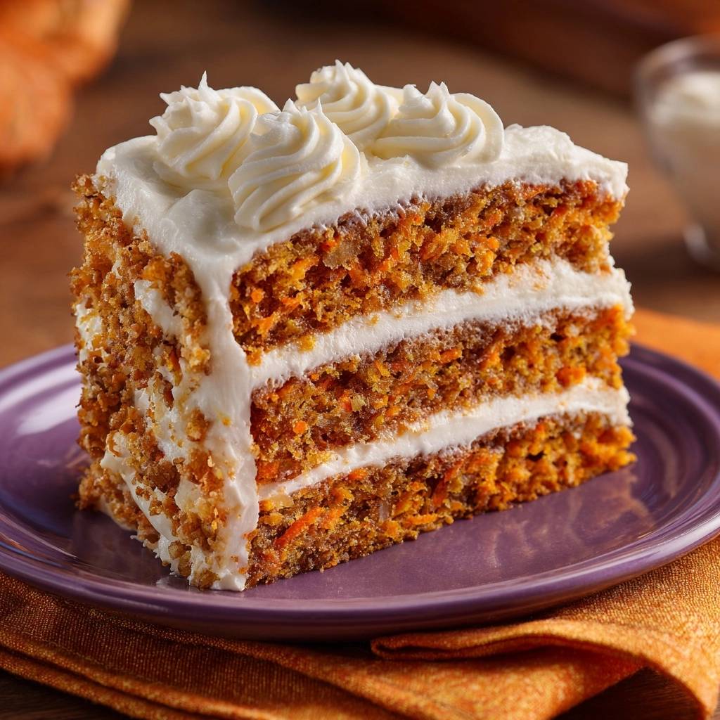 Classic carrot layer cake showing a detailed cross-section of its moist layers and creamy frosting.