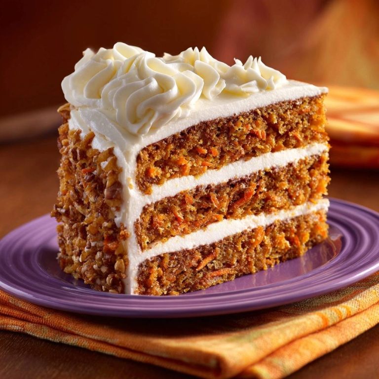Classic carrot layer cake slice showing three fluffy layers and cream cheese frosting, served on a purple plate.