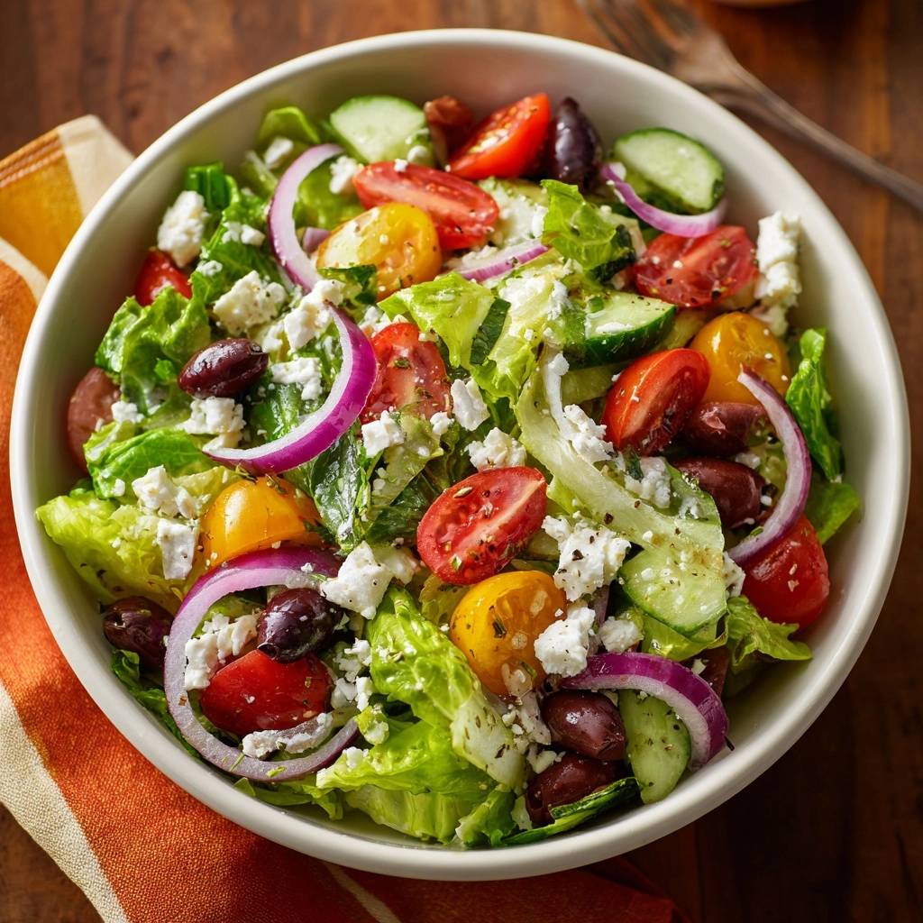 Classic Greek Salad in a white bowl, featuring fresh lettuce, tomatoes, cucumbers, olives, and feta cheese.