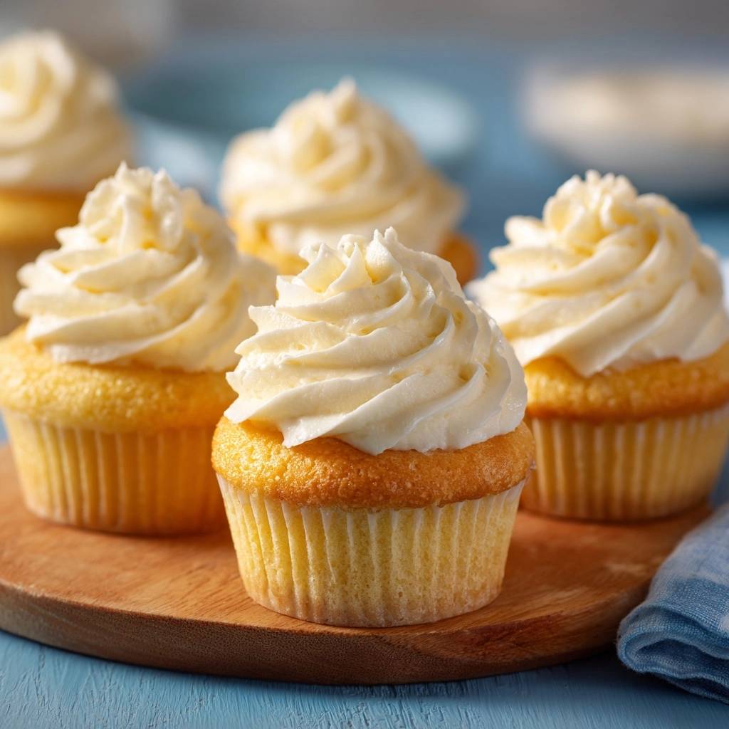 Classic vanilla cupcakes with stable domes, frosted with creamy vanilla buttercream, shown in a close-up detail.