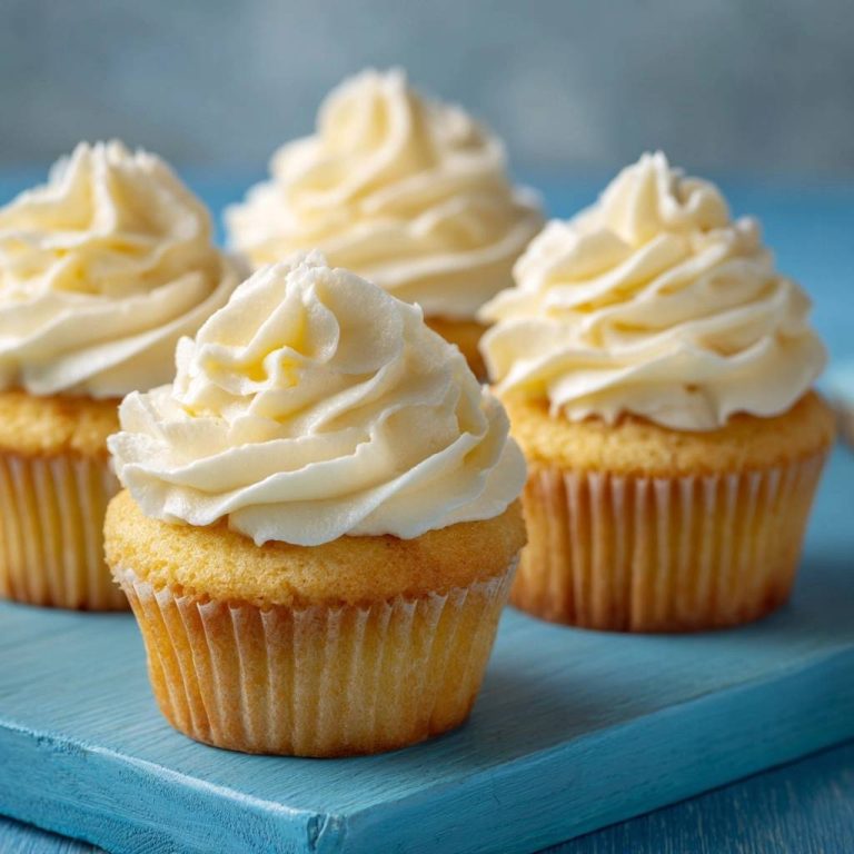 Classic vanilla cupcakes with stable domes feature a close-up view of creamy, swirled vanilla frosting on a blue board.