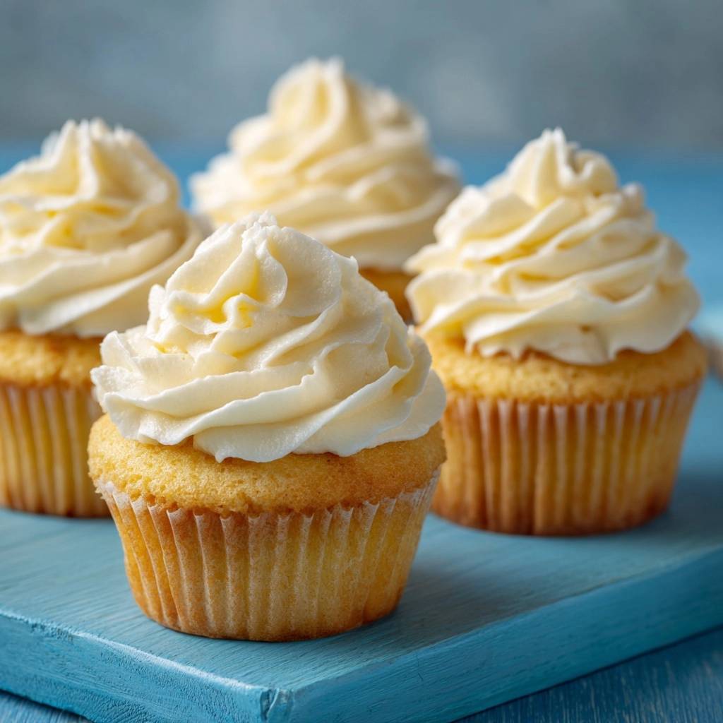 Classic vanilla cupcakes with stable domes feature a close-up view of creamy, swirled vanilla frosting on a blue board.
