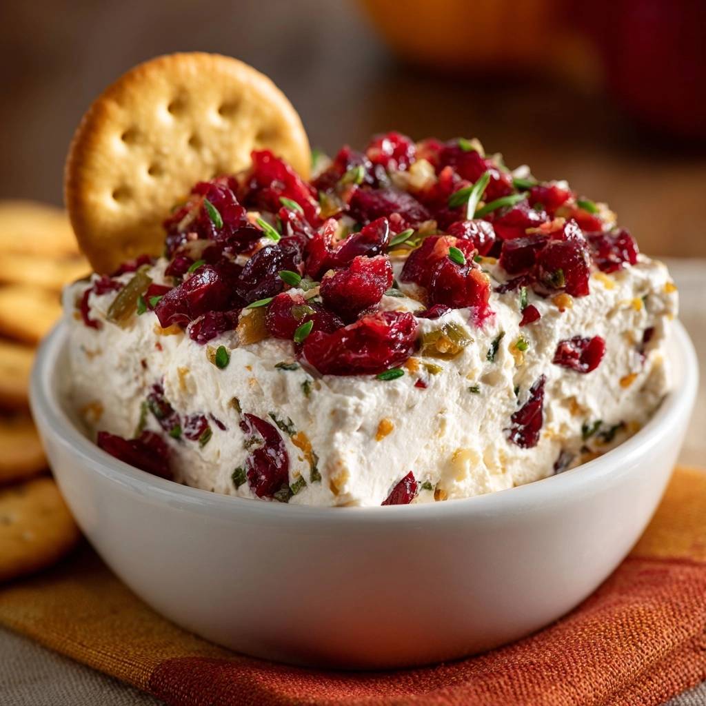 Cranberry cream cheese dip with a thick topping of cranberries and herbs, served with a cracker.