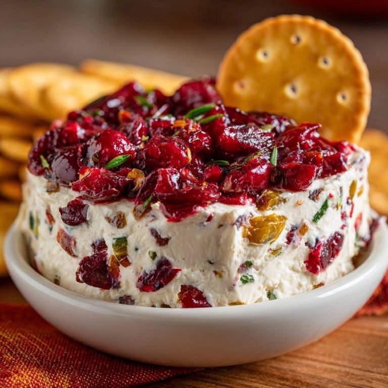 Cranberry cream cheese dip with thick topping and a cracker, detailed close-up view.