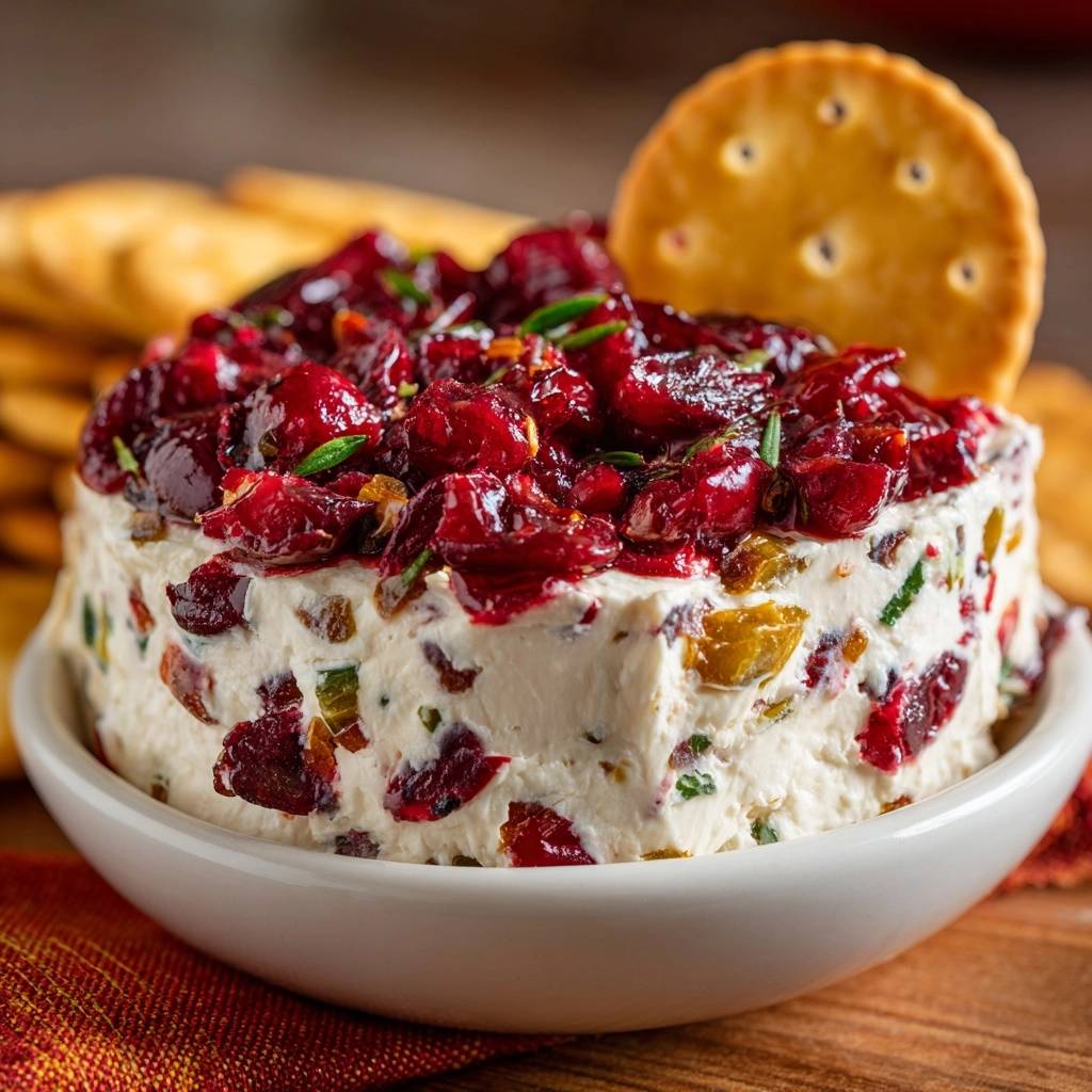 Cranberry cream cheese dip with thick topping and a cracker, detailed close-up view.