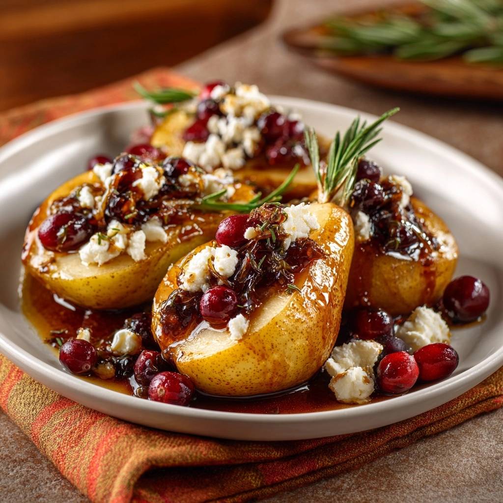 Cranberry goat cheese baked pears plated close-up with fresh cranberries and rosemary garnish