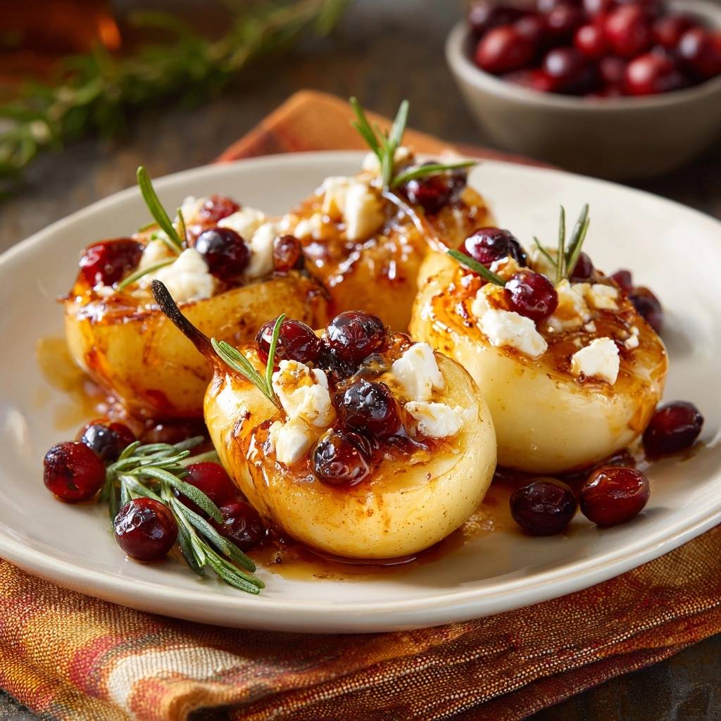 Cranberry goat cheese baked pears served on a plate, topped with fresh cranberries, goat cheese, and rosemary sprigs.