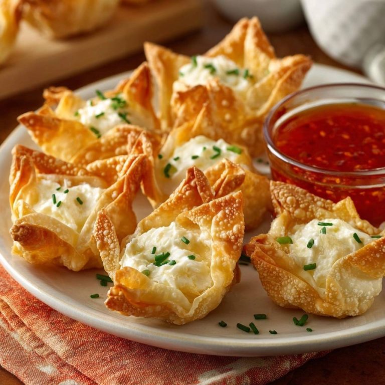 Crispy cream cheese wontons plated with a side of red chili dipping sauce and garnished with chives.