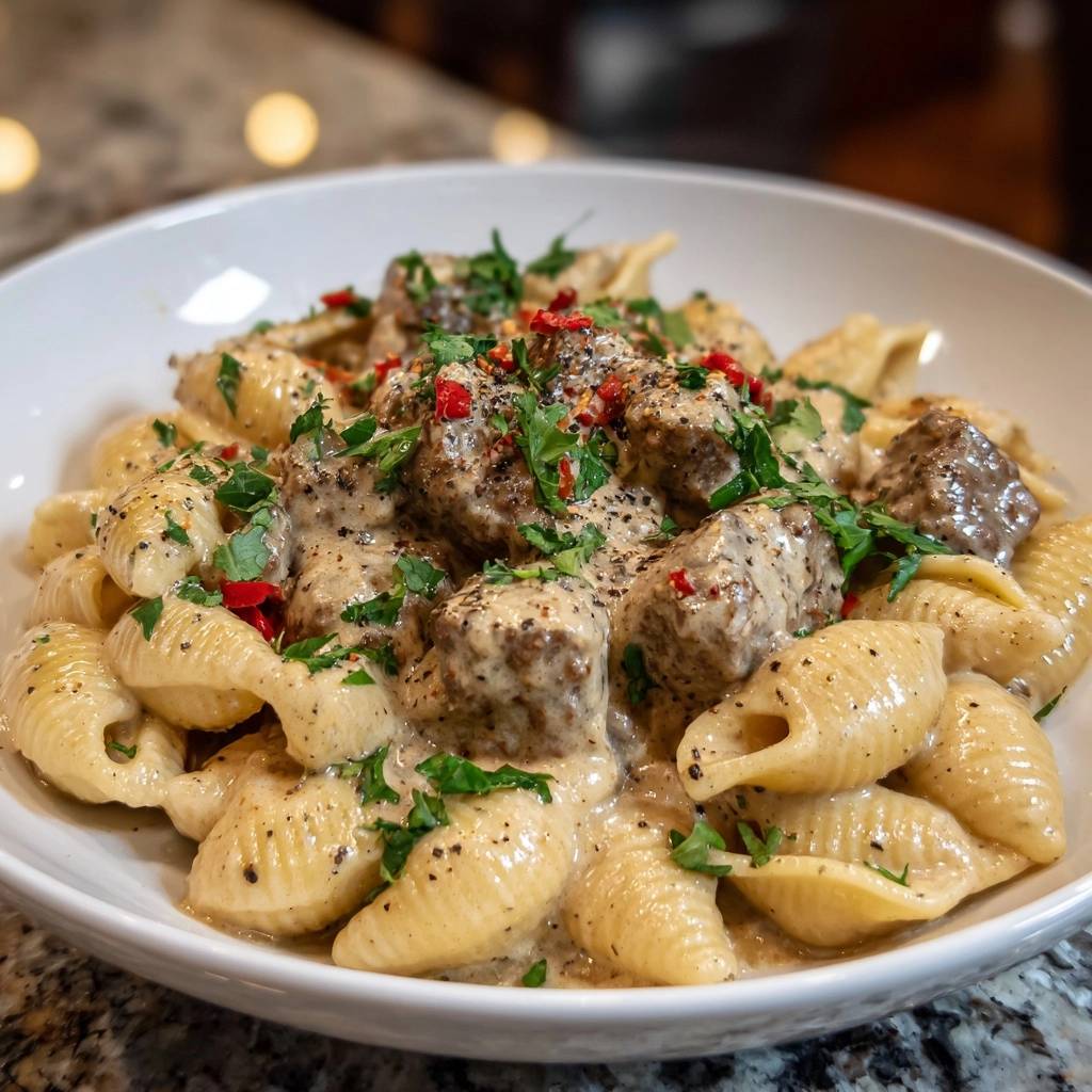 Creamy beef meatball shells served in a white bowl, topped with parsley and chili flakes.
